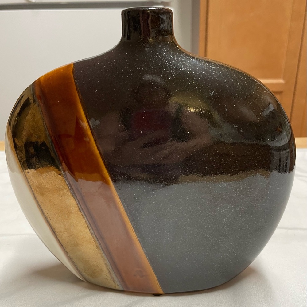Glazed Decorative Ceramic Vase in Black with Brown & Gold Stripe